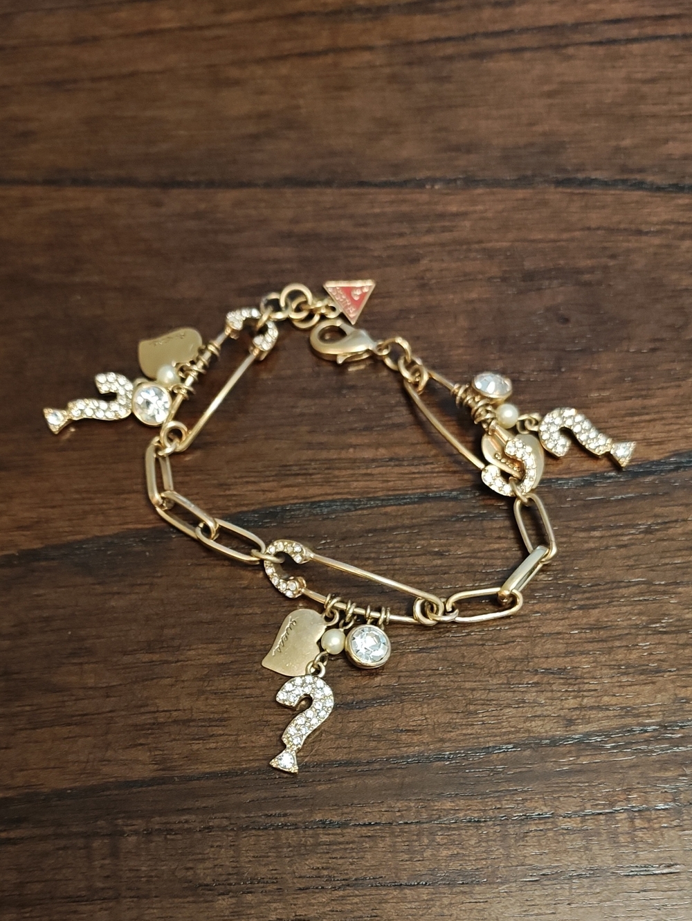 Guess Gold-Tone Crystal Question Mark Charm Bracelet with Pearls